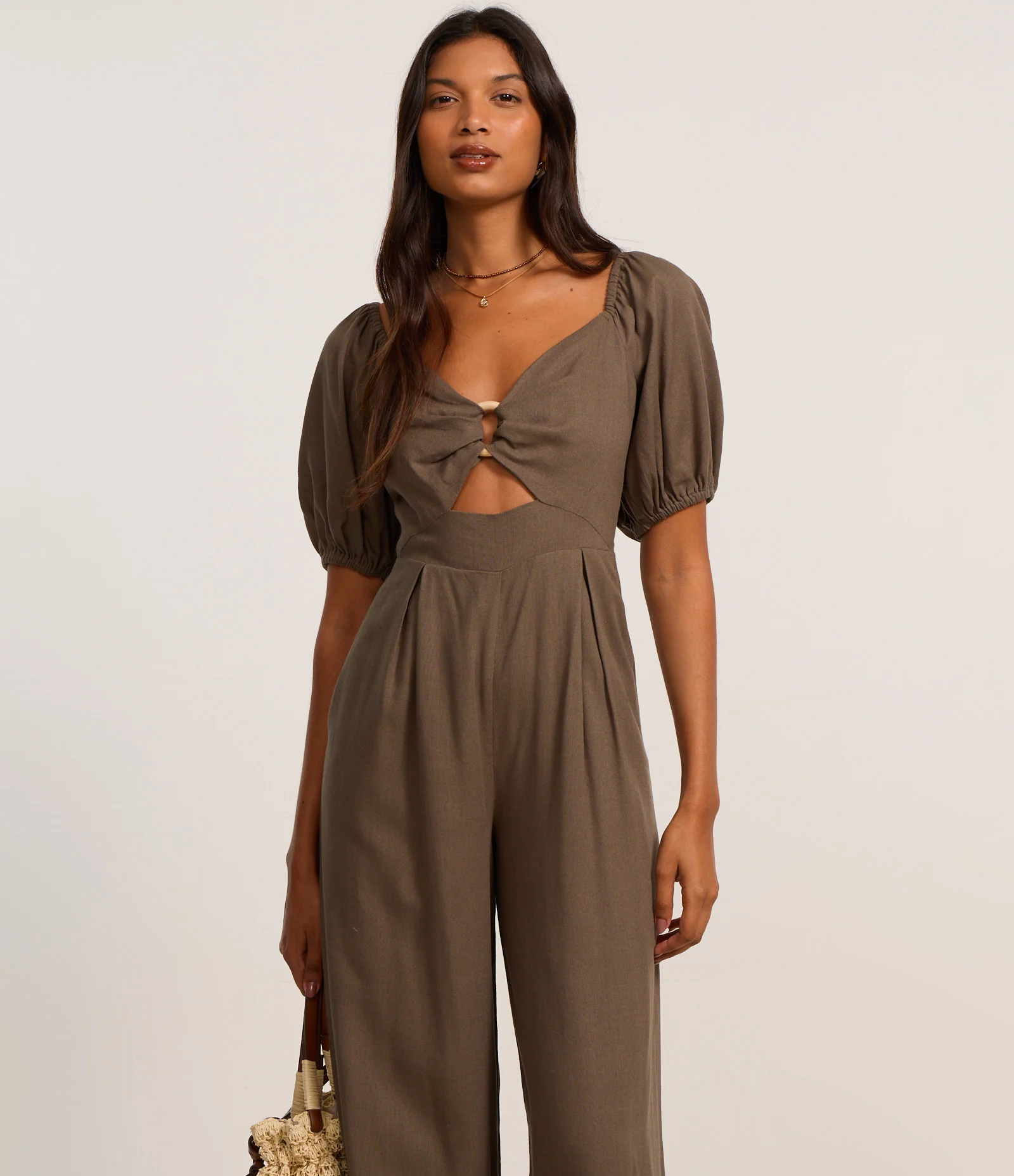 Macacão Longo em Vicose e Linho com Manga Bufante Verde 2