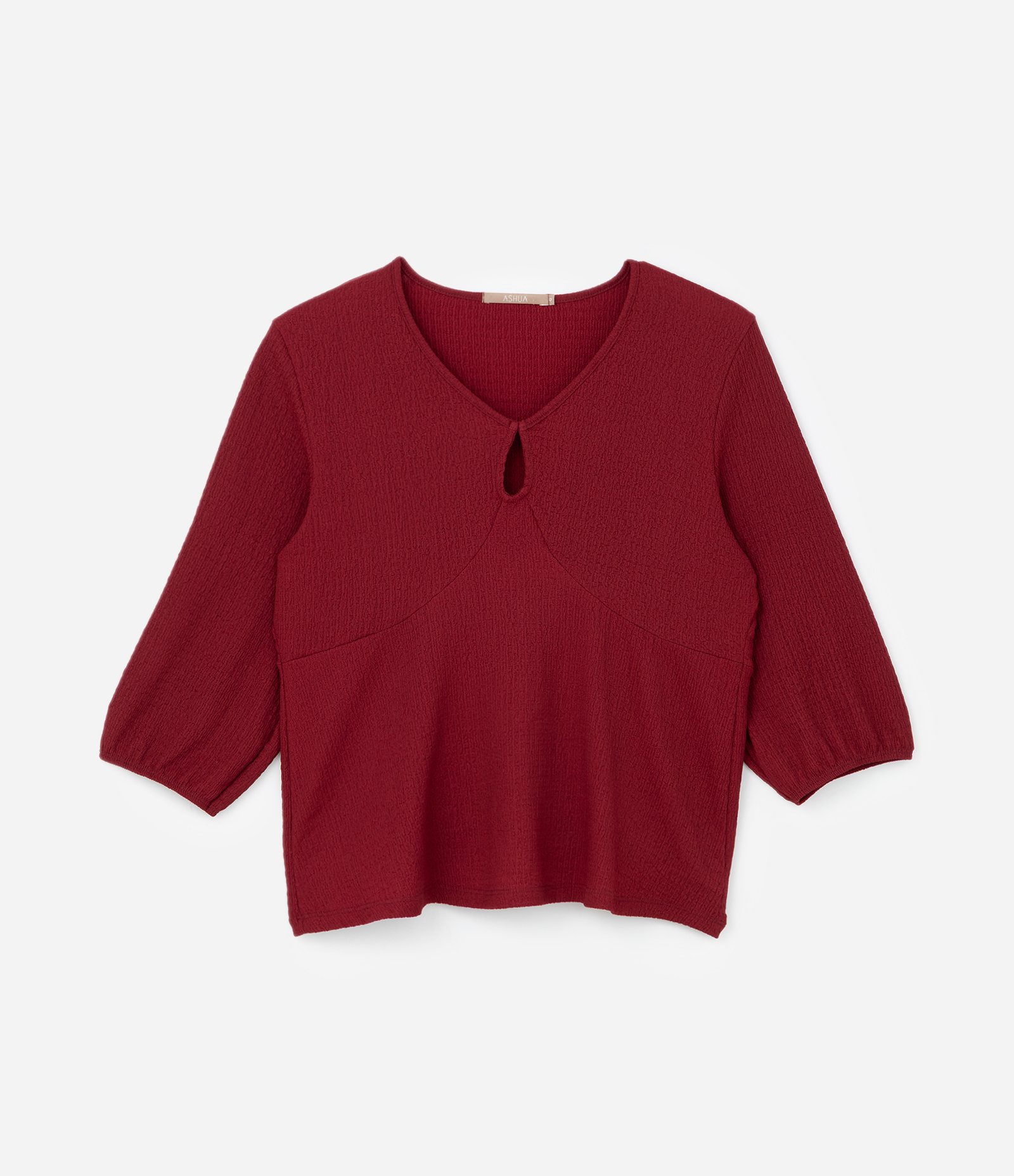 Camisa Decote Gota com Textura e Manga 3/4 Curve & Plus Size Vermelho 1