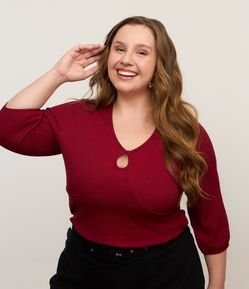 Camisa Decote Gota com Textura e Manga 3/4 Curve & Plus Size