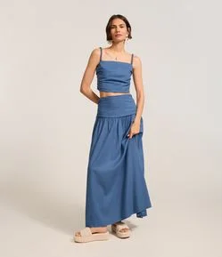 Saia New Midi em Viscose com Linho e Pregas Laterais