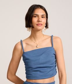 Blusa Cropped em Viscose e Linho com Lastex e Franzido na Lateral