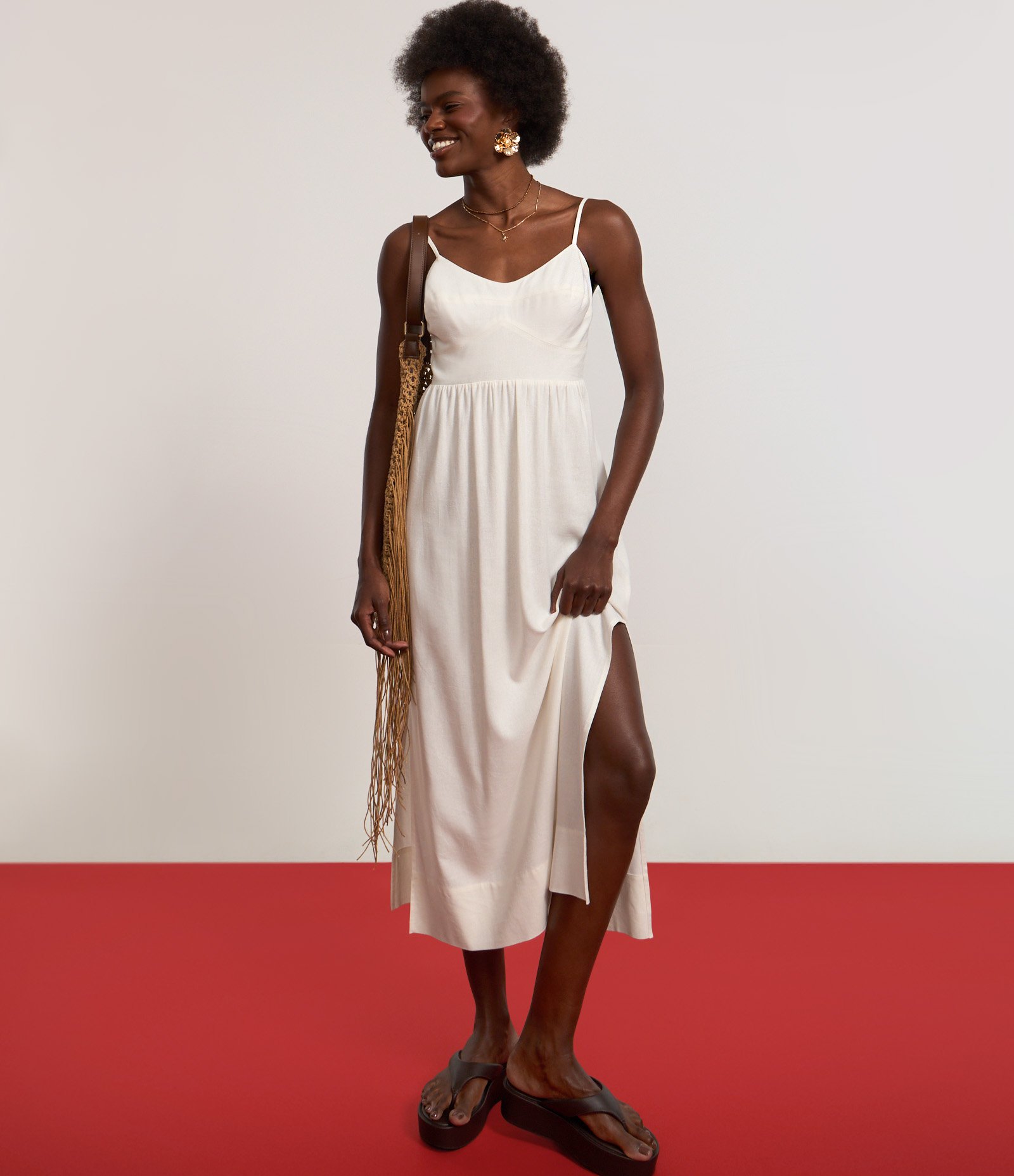 Vestido New Midi em Viscose com Linho e Lastex nas Costas Off White 6