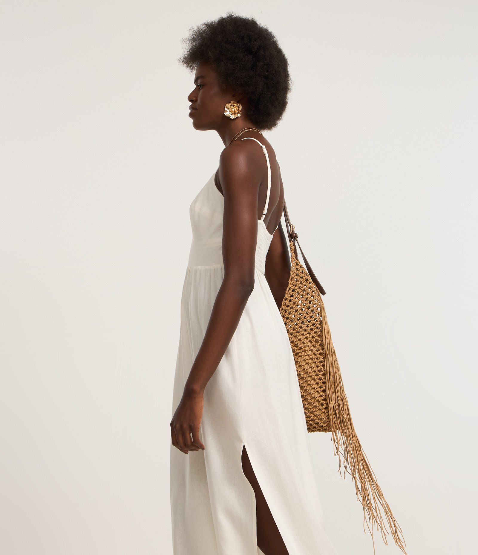 Vestido New Midi em Viscose com Linho e Lastex nas Costas Off White 1