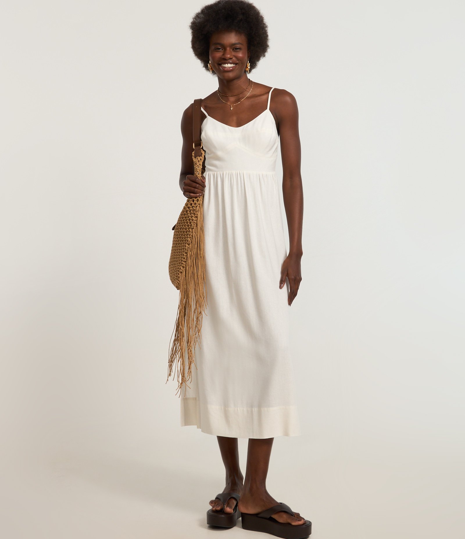 Vestido New Midi em Viscose com Linho e Lastex nas Costas Off White 2