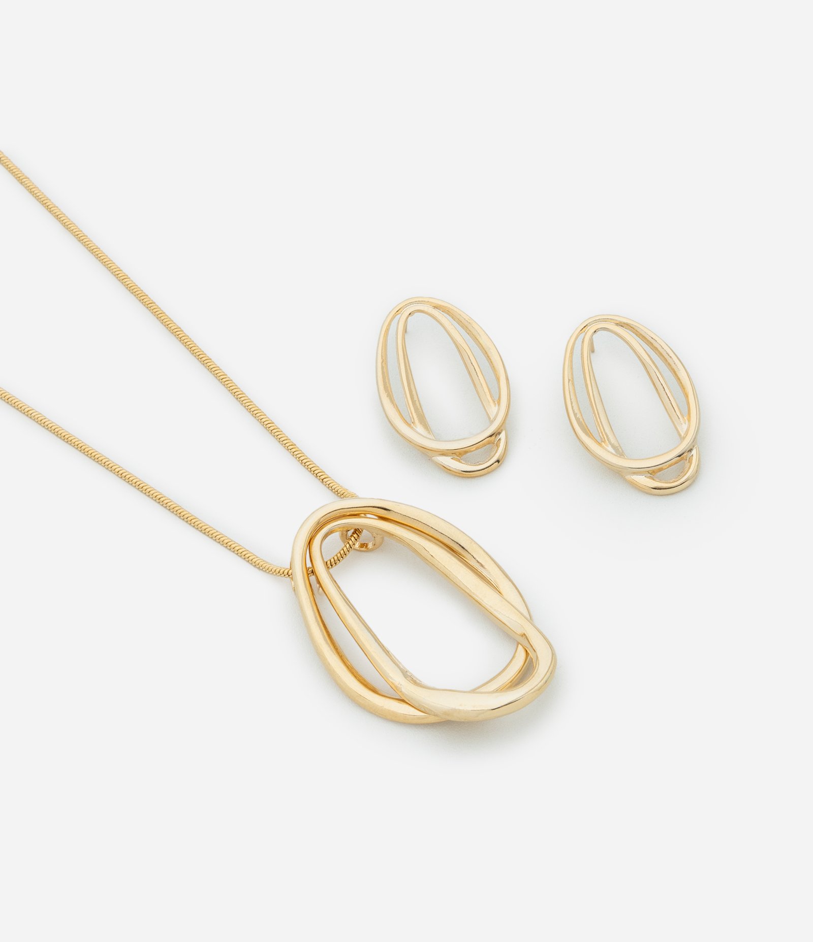 Conjunto de Colar Longo e Brinco com Pingente Orgânico Martelado Dourado 1