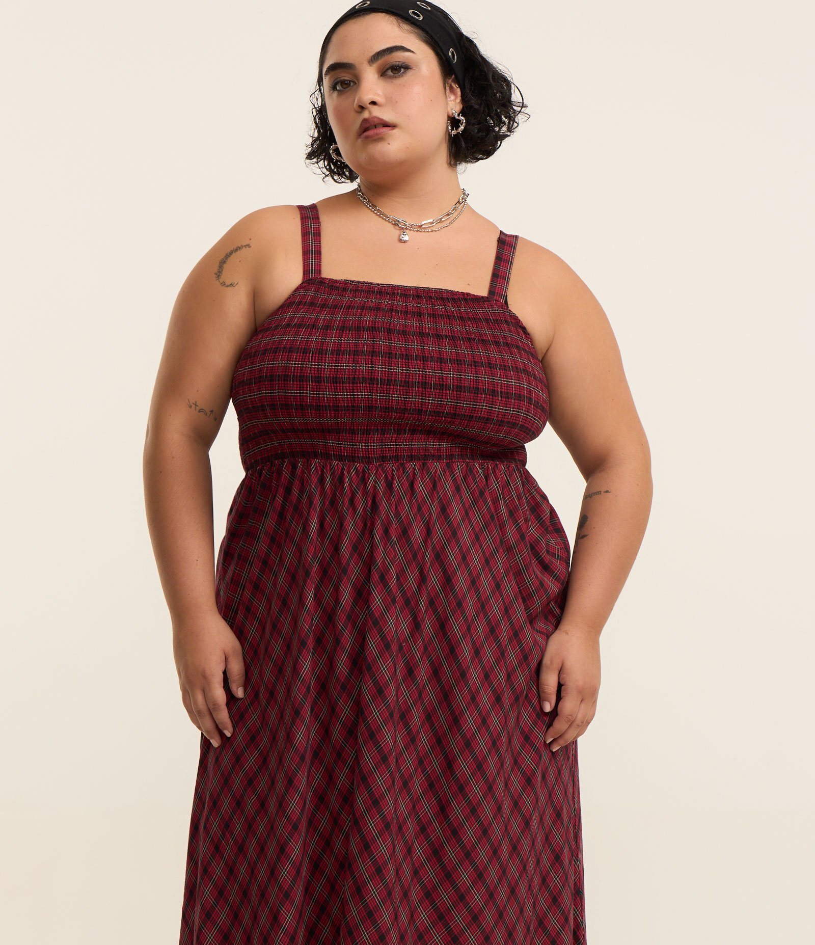 Vestido Midi em Viscose com Estampa Xadrez Curve & Plus Size Vermelho 3