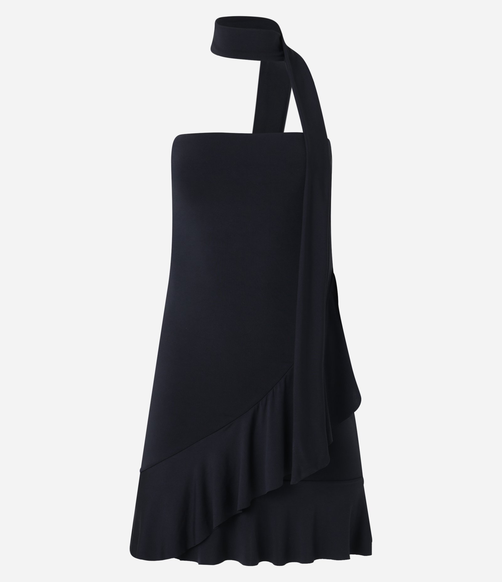 Vestido Curto em Jersey com Amarração no Pescoço e Babado na Barra Preto 7