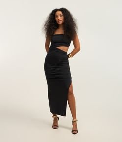 Vestido New Midi com Drapeados Laterais e Recorte Vazado