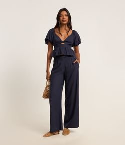 Calça Pantalona em Viscose e Linho com Piping