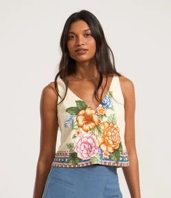 Blusa em Viscose Twill Floral com Elastico e Alca Quadradinha