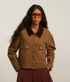 Jaqueta em Sarja com Gola Cotelê Contrastante