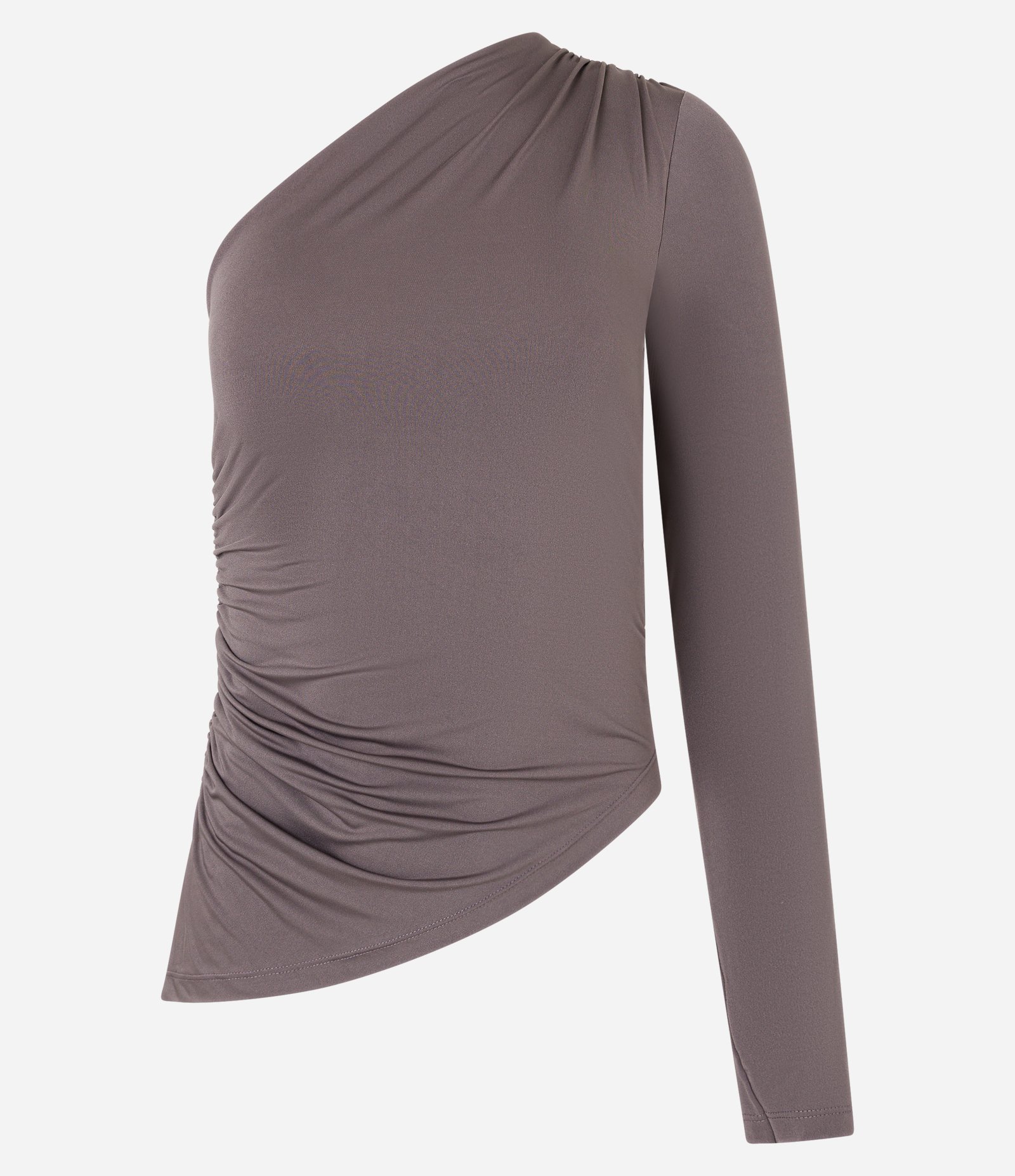 Blusa Ombro Só em Malha Jersey com Lateral Franzida Marrom 1