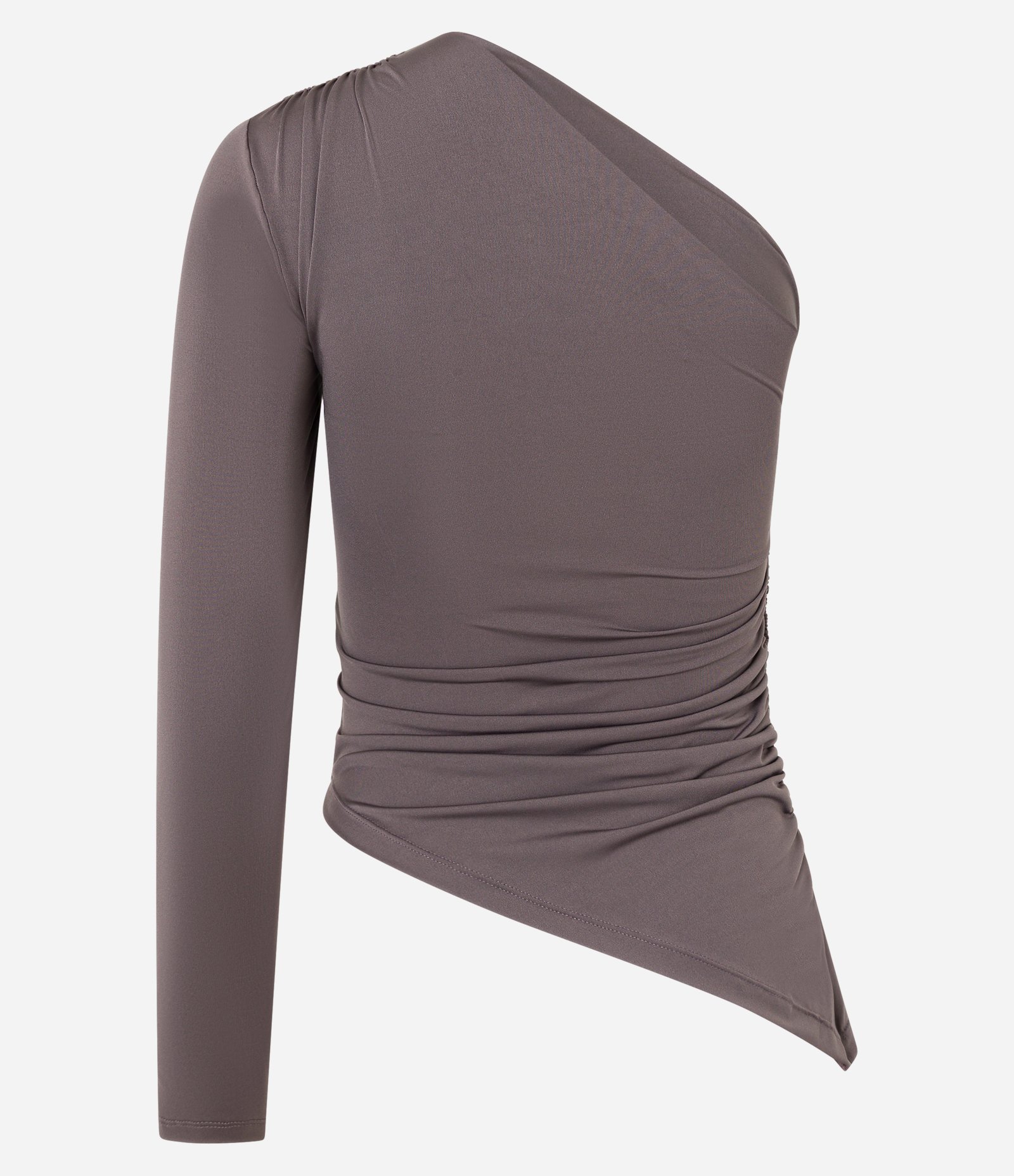 Blusa Ombro Só em Malha Jersey com Lateral Franzida Marrom 2