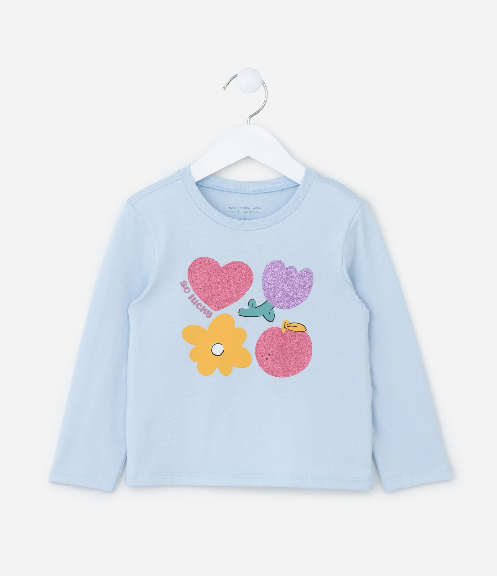 Blusa Infantil com Estampa de Coração e Flores com Brilhos - Tam 1 a 6 Anos Azul 1