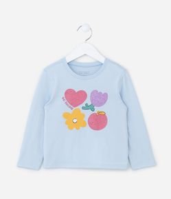 Blusa Infantil com Estampa de Coração e Flores com Brilhos - Tam 1 a 6 Anos