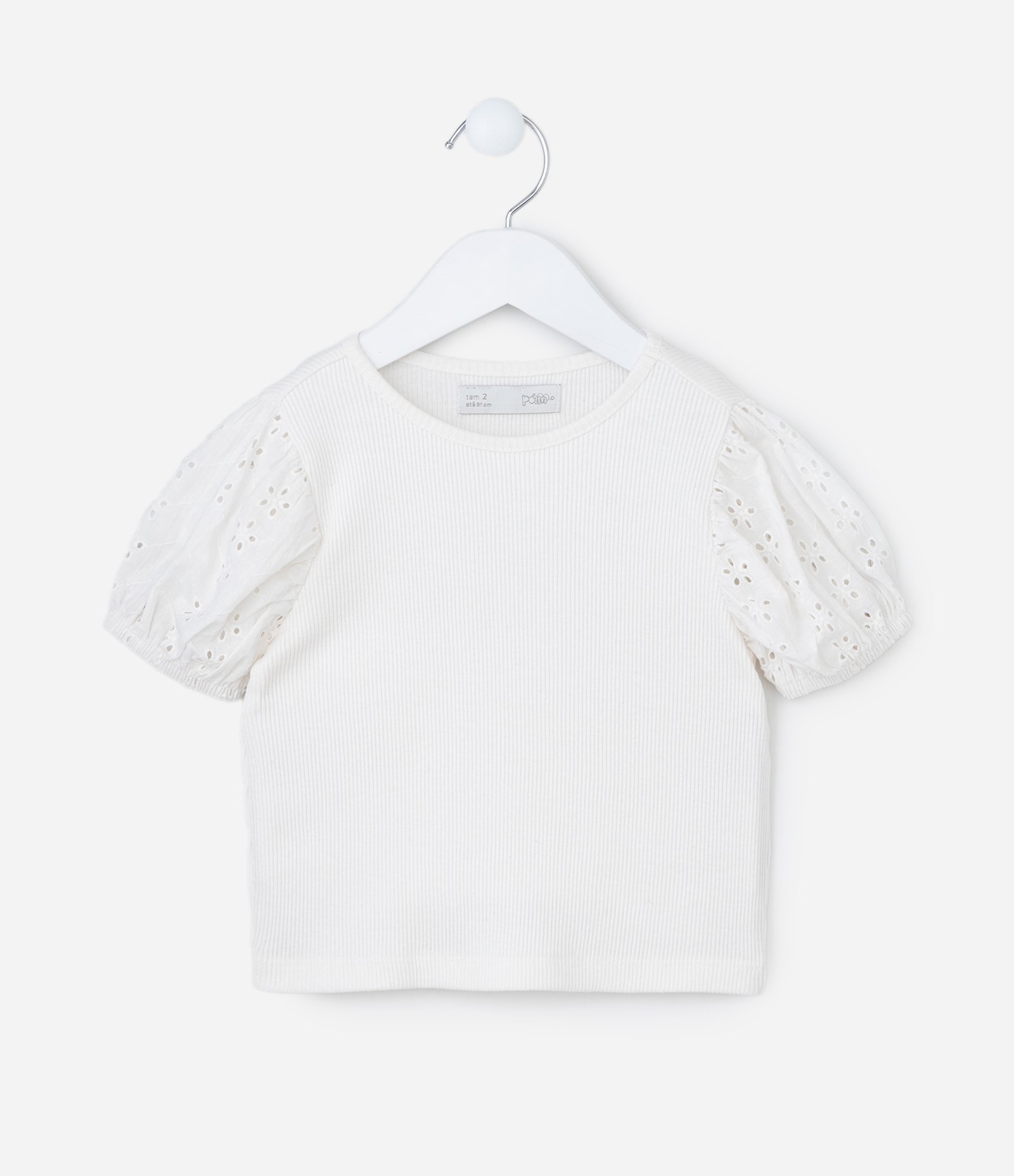 Blusa Infantil em Ribana com Broderie na Manga - Tam 1 a 6 Anos Branco 1