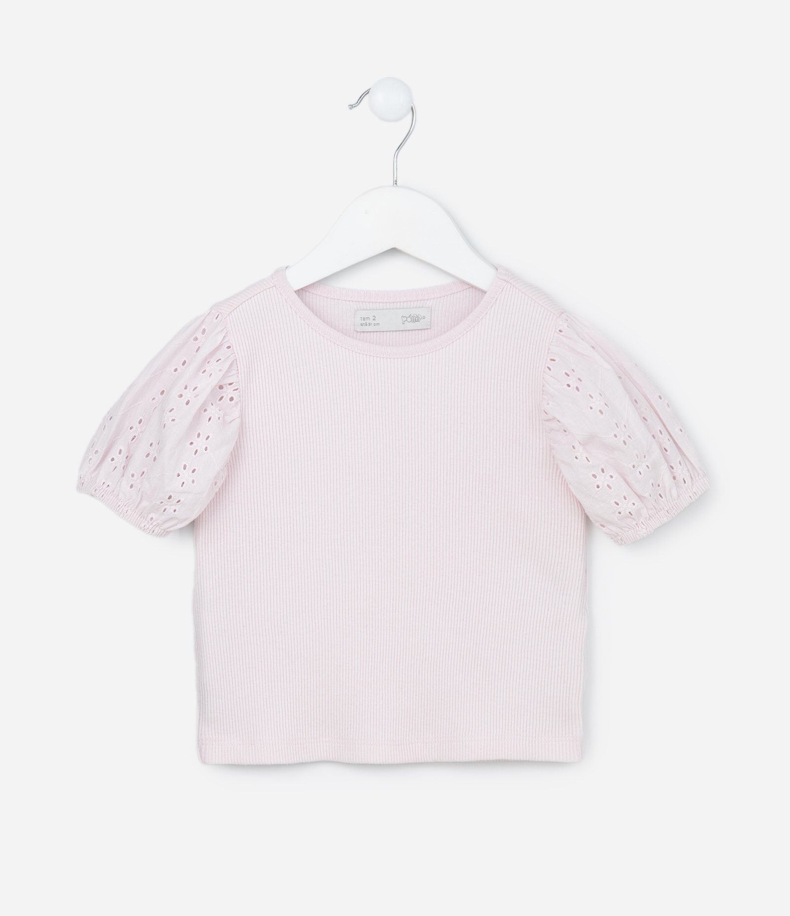 Blusa Infantil em Ribana com Broderie na Manga - Tam 1 a 6 Anos Rosa 1