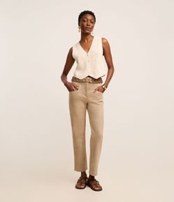 Calça Boho Reta Cintura Alta em Suede com Recortes nos Bolsos