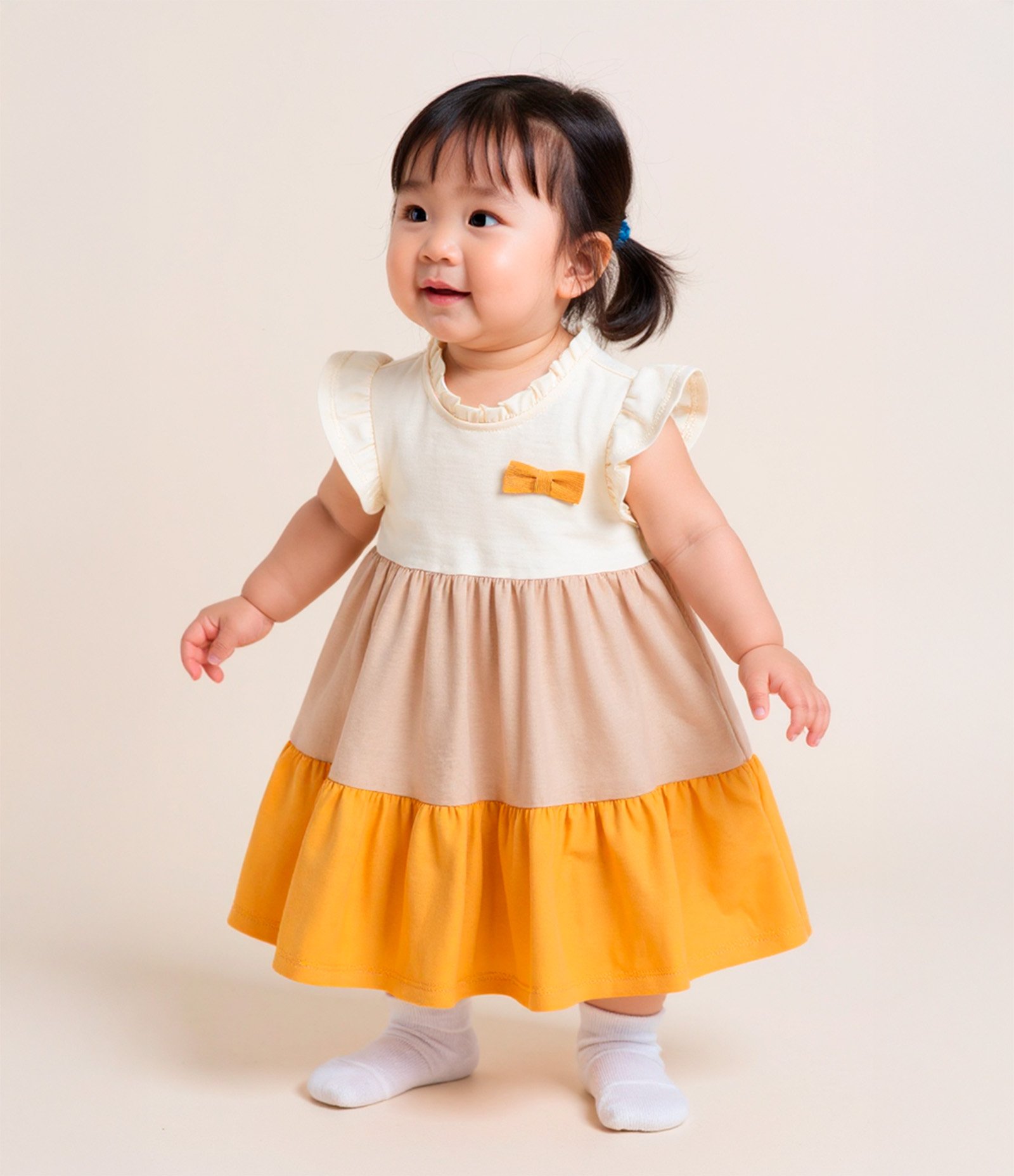 Vestido Marias Infantil com Lacinho Aplicado - Tam 0 a 18 meses Bege/Marrom/Amarelo 1