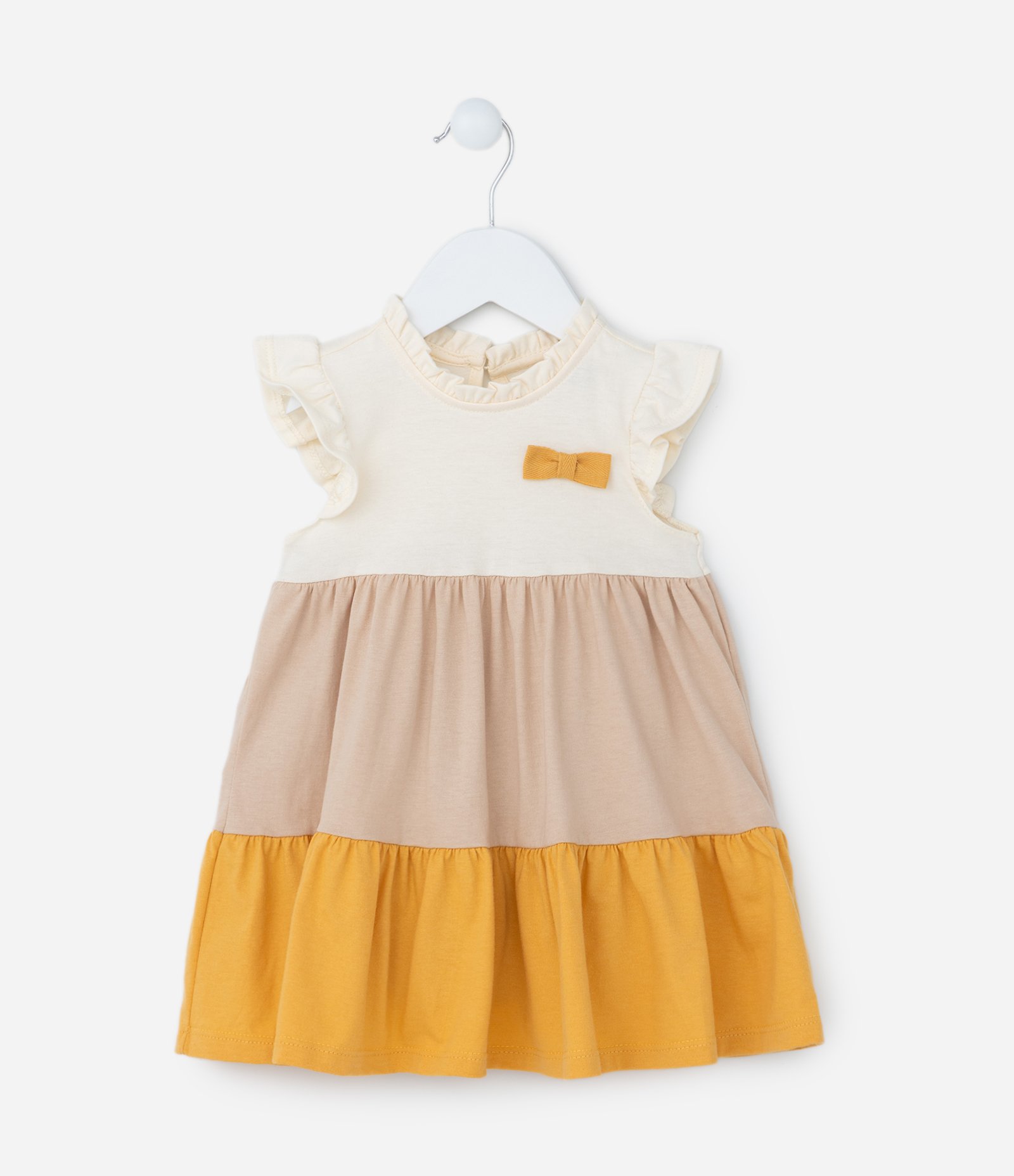 Vestido Marias Infantil com Lacinho Aplicado - Tam 0 a 18 meses Bege/Marrom/Amarelo 2