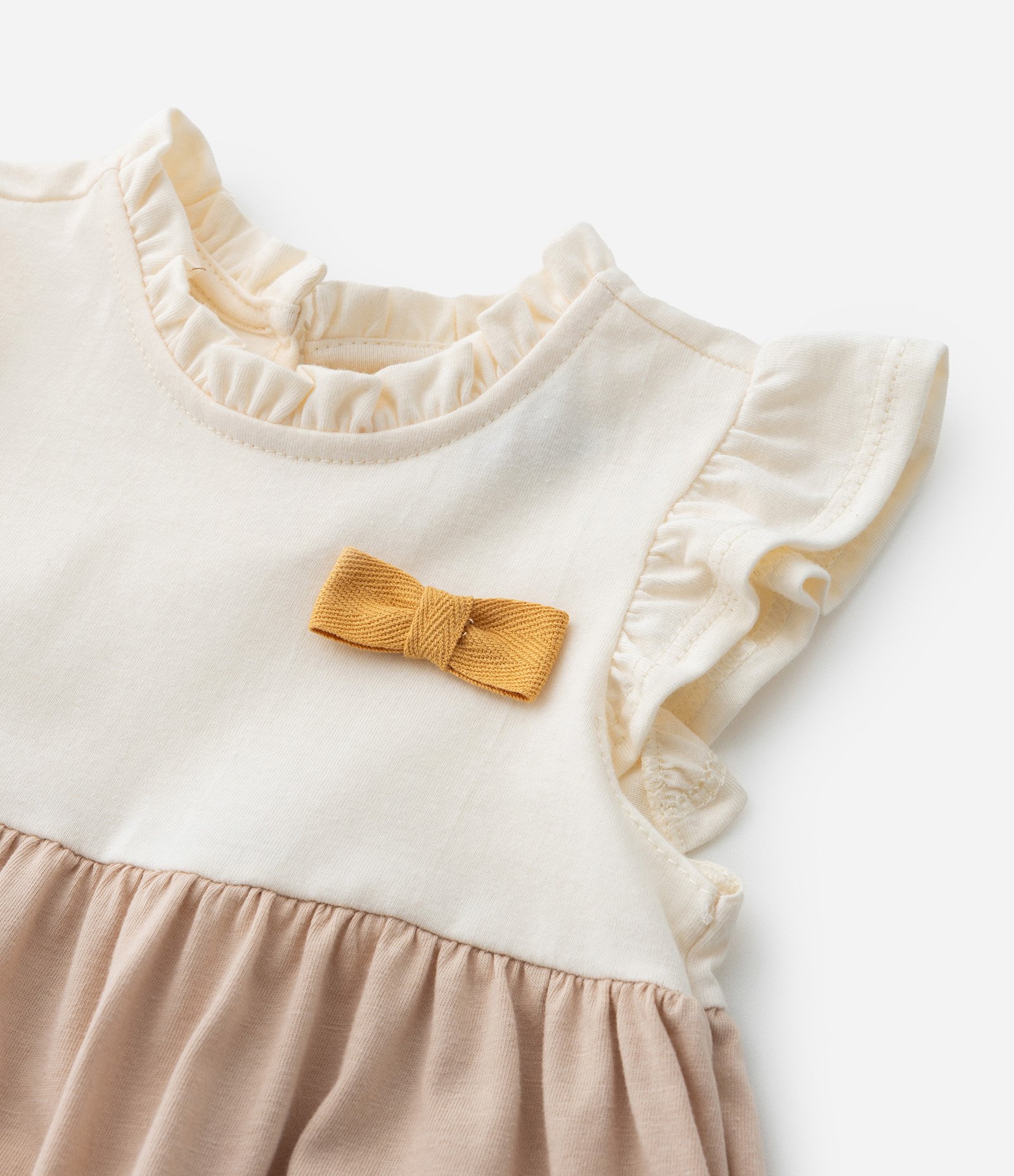 Vestido Marias Infantil com Lacinho Aplicado - Tam 0 a 18 meses Bege/Marrom/Amarelo 6
