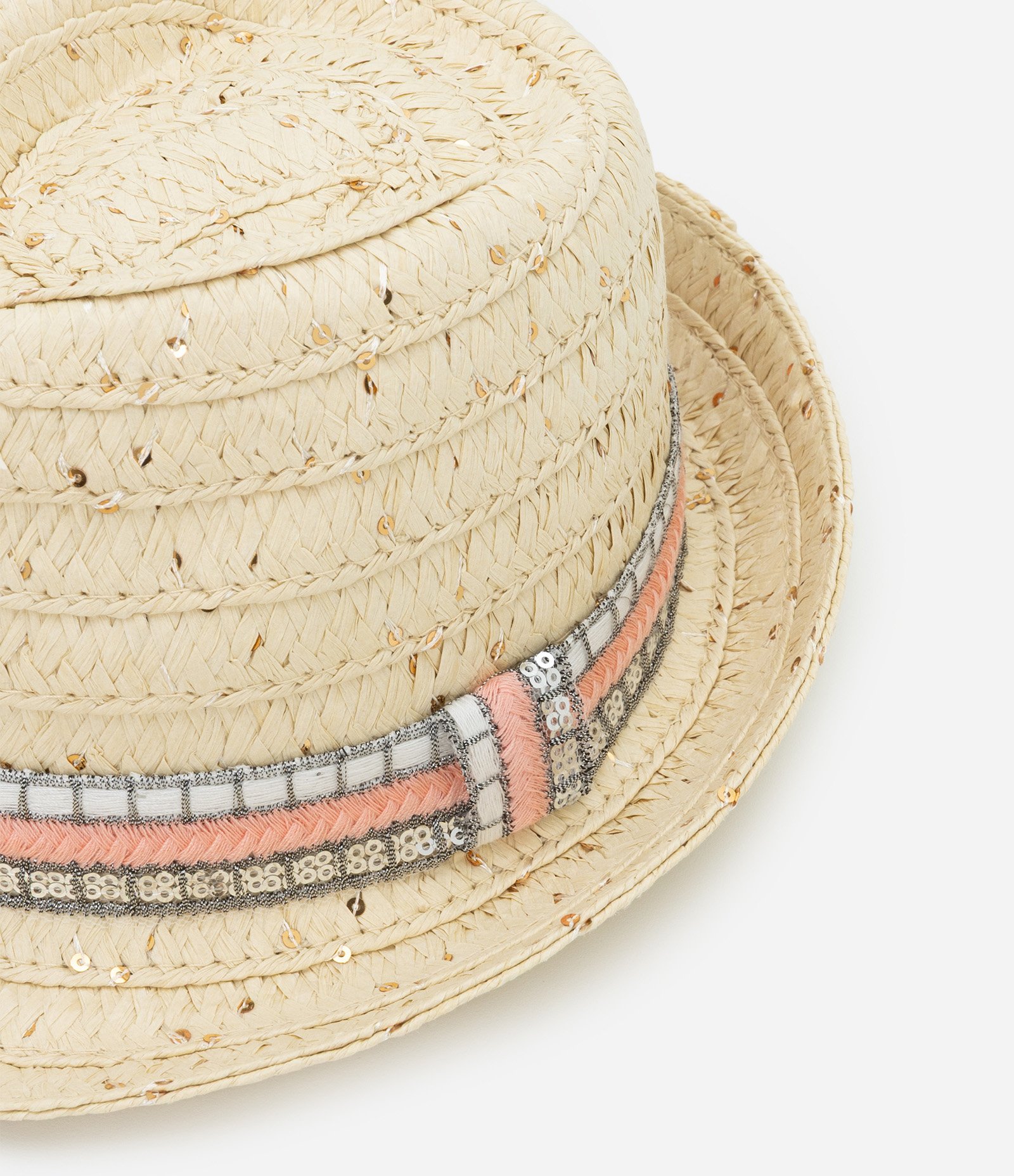 Chapéu de Palha Infantil com Faixa e Paetês - Tam Único Bege 3