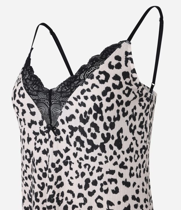 Camisola Curta Estampada de Onça com Renda no Decote