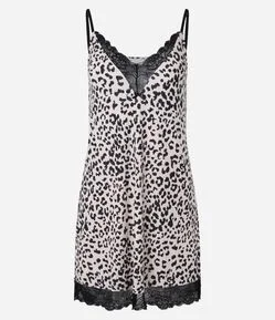 Camisola Curta Estampada de Onça com Renda no Decote