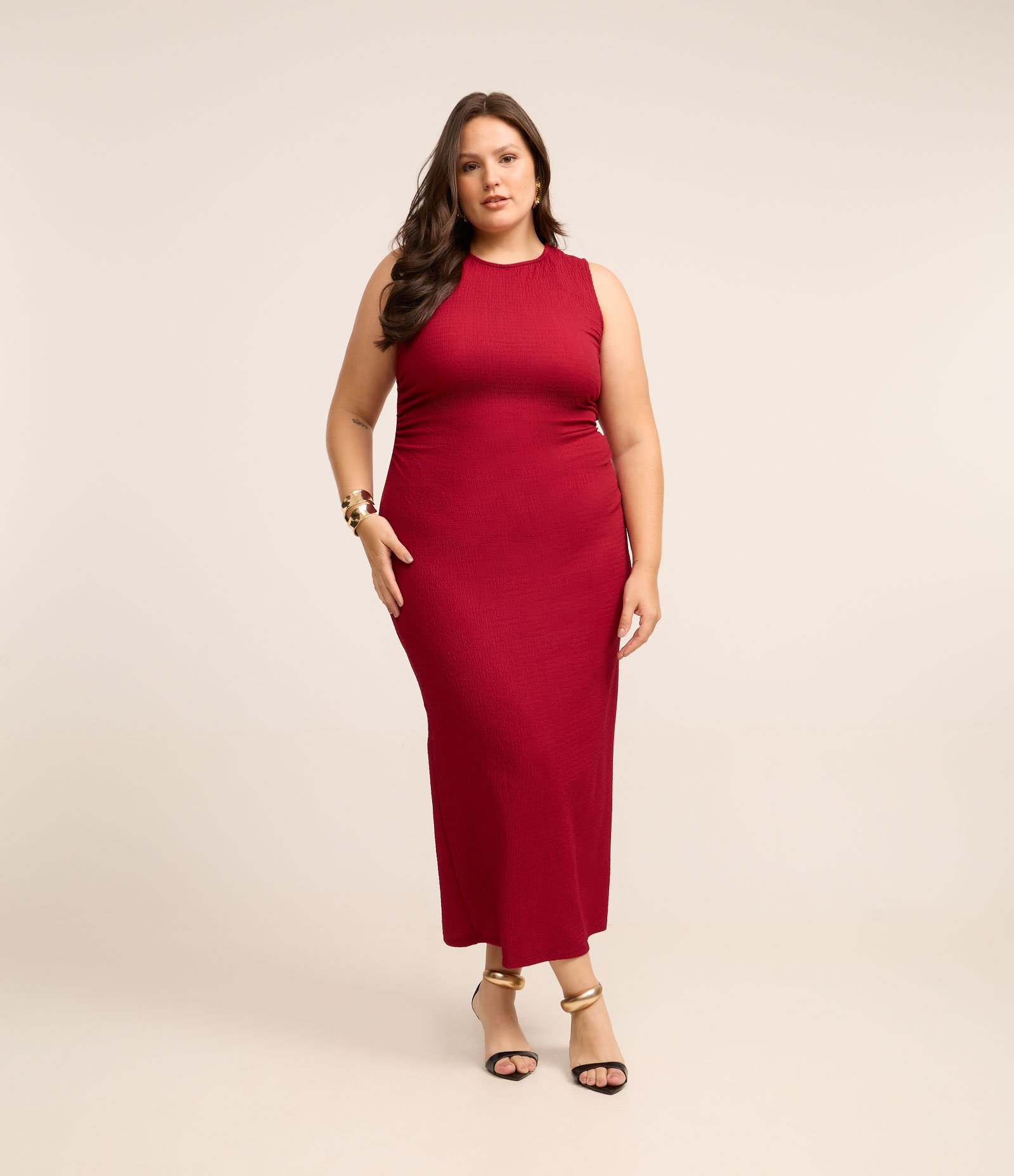Vestido New Midi  Gola Redonda e Franzido Curve & Plus Size Vermelho 1