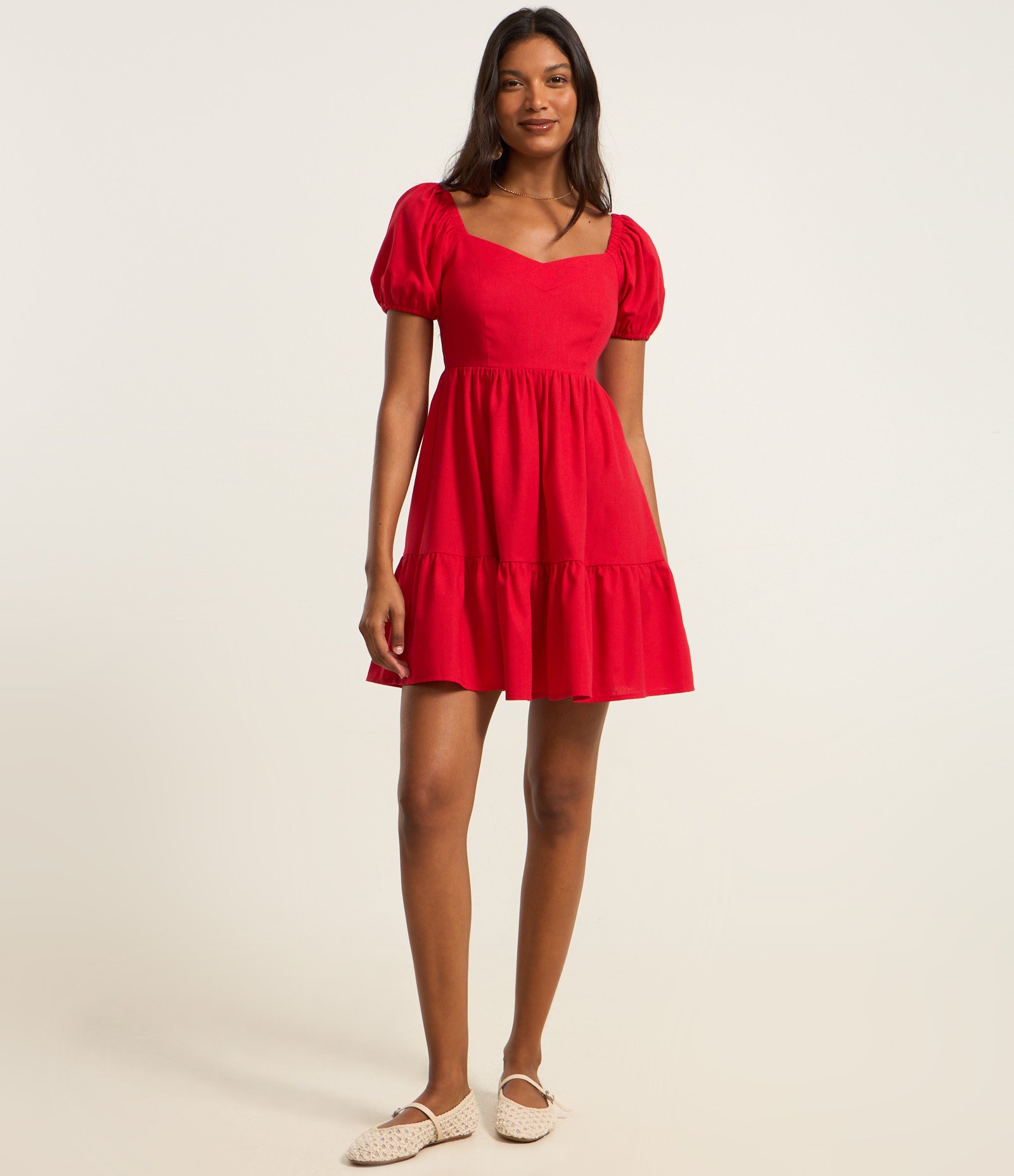 Vestido Curto em Viscose com Linho e Manga Bufante Vermelho 1
