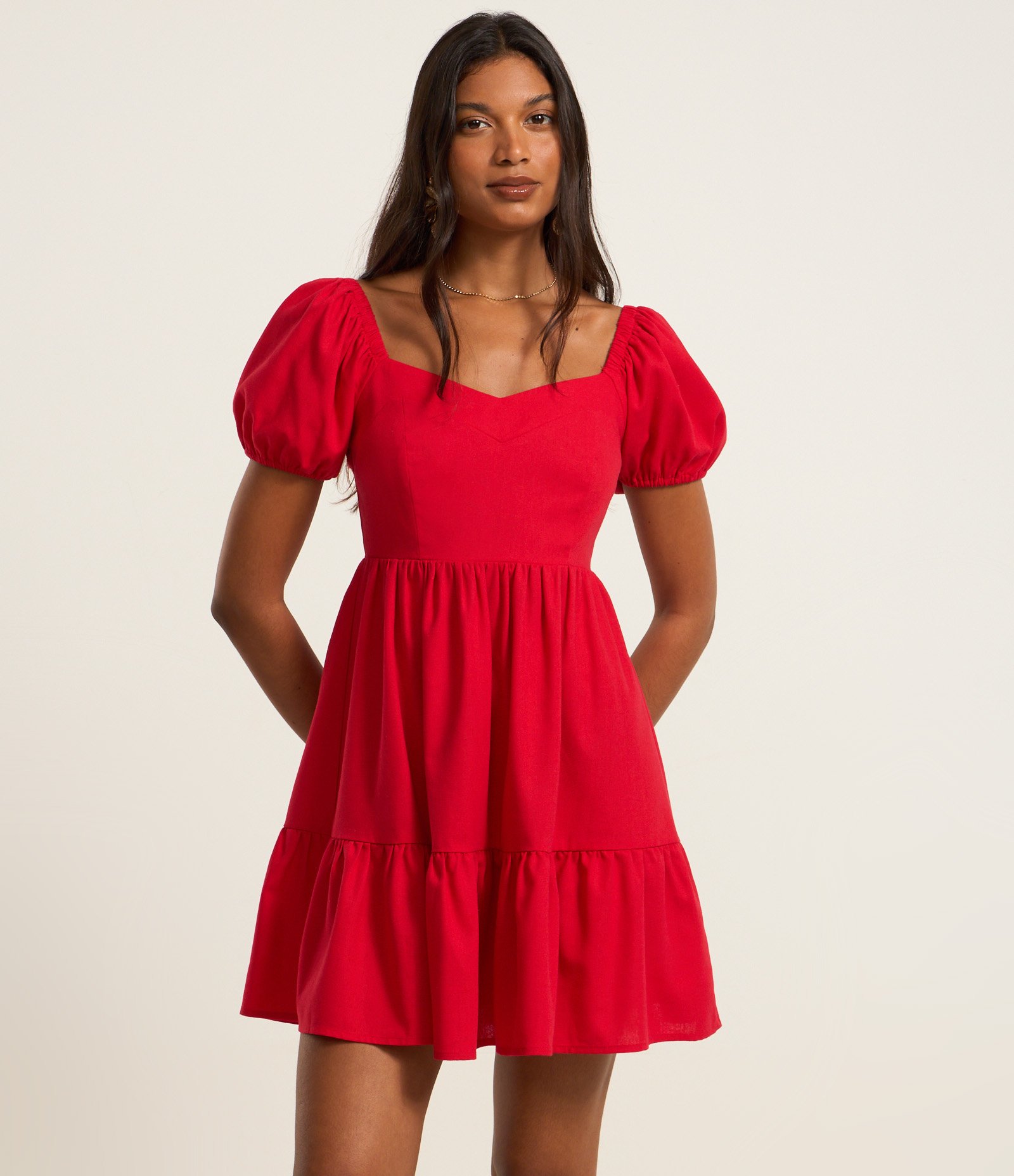 Vestido Curto em Viscose com Linho e Manga Bufante Vermelho 3