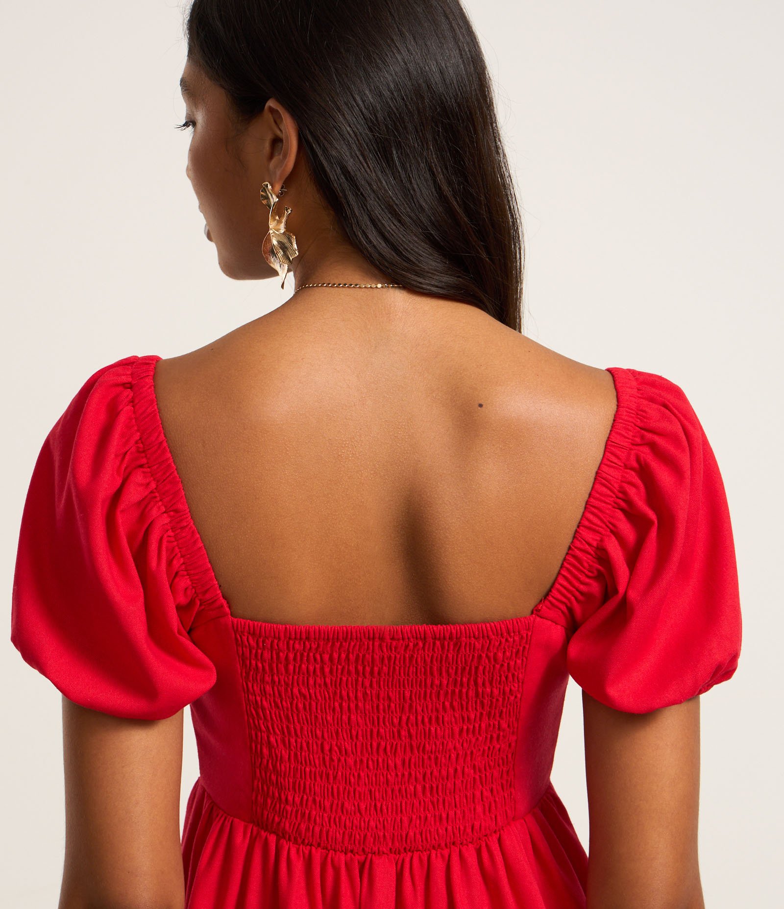 Vestido Curto em Viscose com Linho e Manga Bufante Vermelho 5