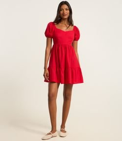 Vestido Curto em Viscose com Linho e Manga Bufante