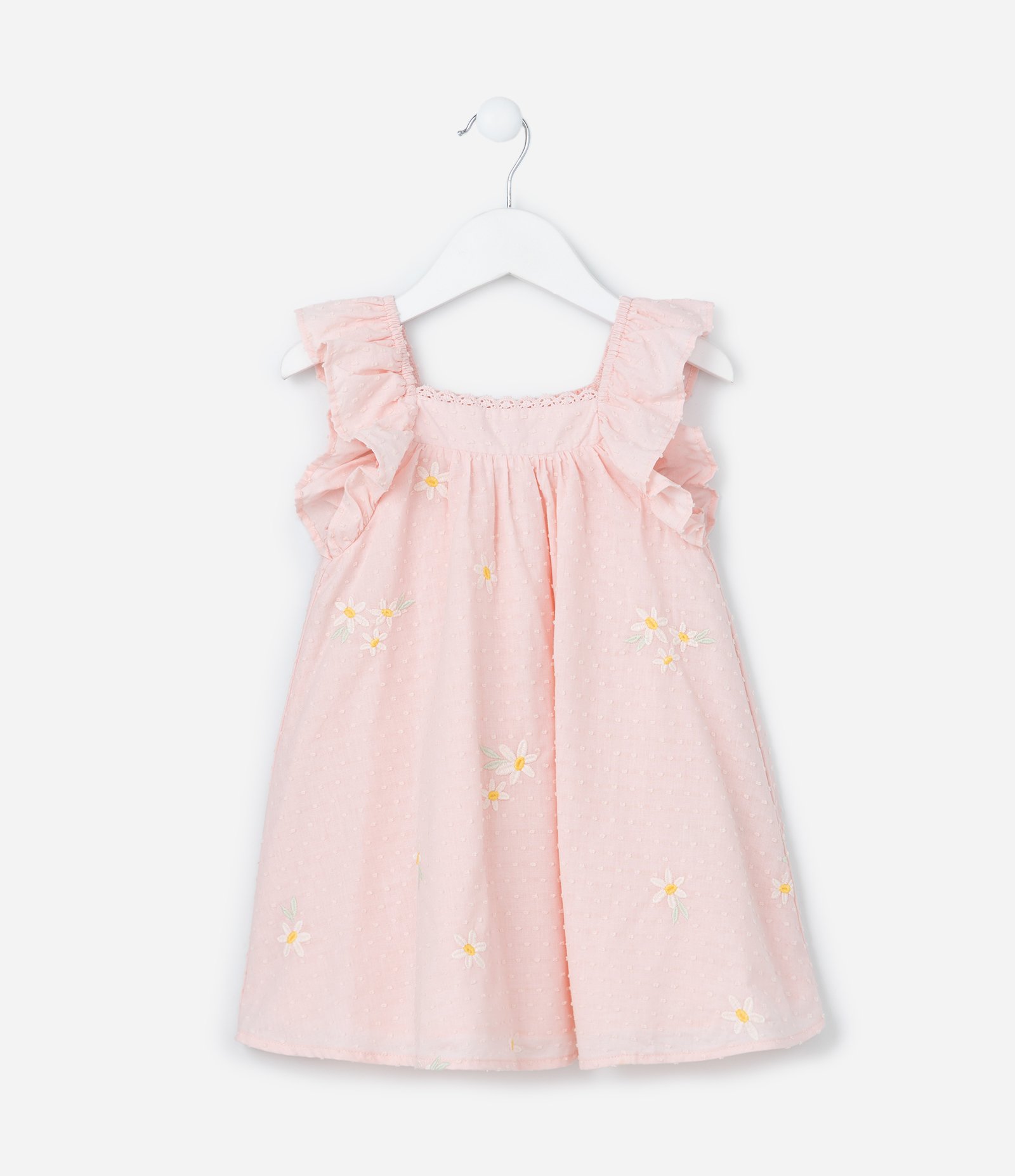 Vestido Infantil em Tricoline com Bordado Margaridas - Tam 1 a 6 Anos Rosa 1