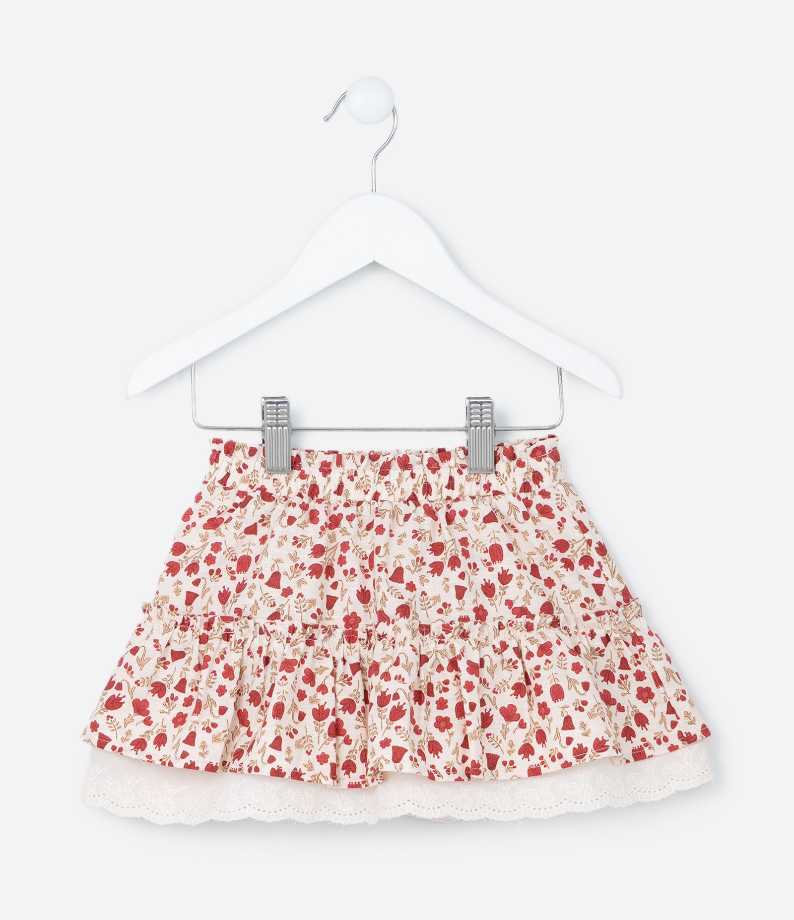 Saia Infantil com Babadinho e Estampa Floral - Tam 1 a 6 Anos Bege/Vermelho 1