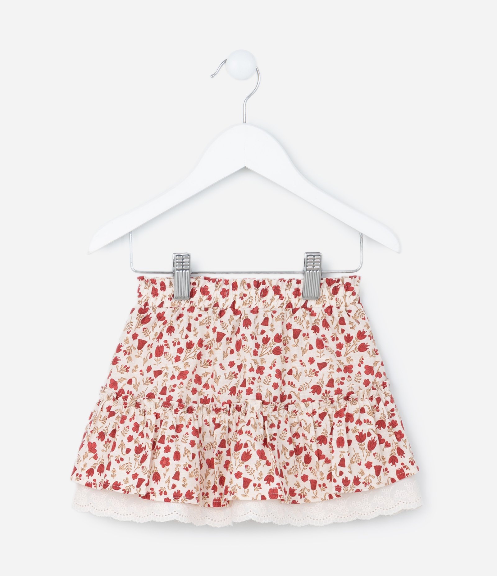 Saia Infantil com Babadinho e Estampa Floral - Tam 1 a 6 Anos Bege/Vermelho 2