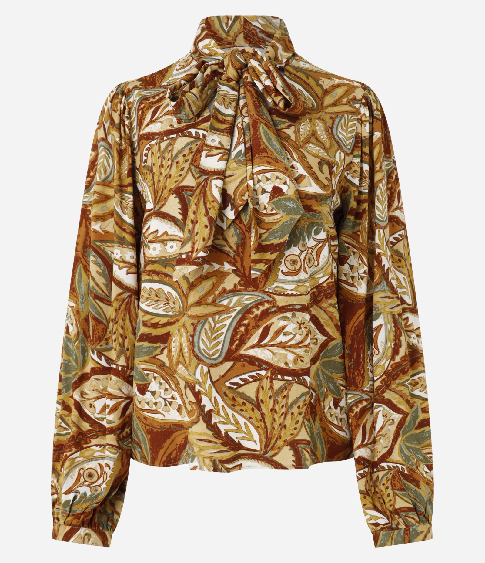 Blusa em Viscose com Gola Laço e Estampa Paisley Marrom 6