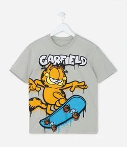 Camiseta Infantil com Estampa Garfield Skatista - Tam 5 a 14 Anos