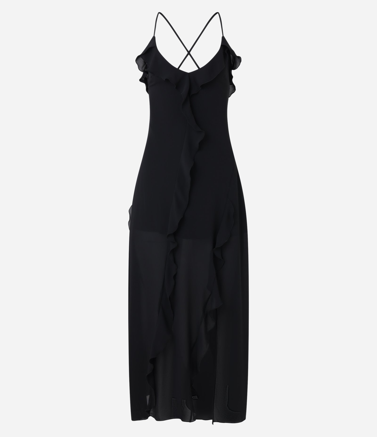 Vestido New Midi em Chiffon com Alças Cruzadas e Babados Preto 7