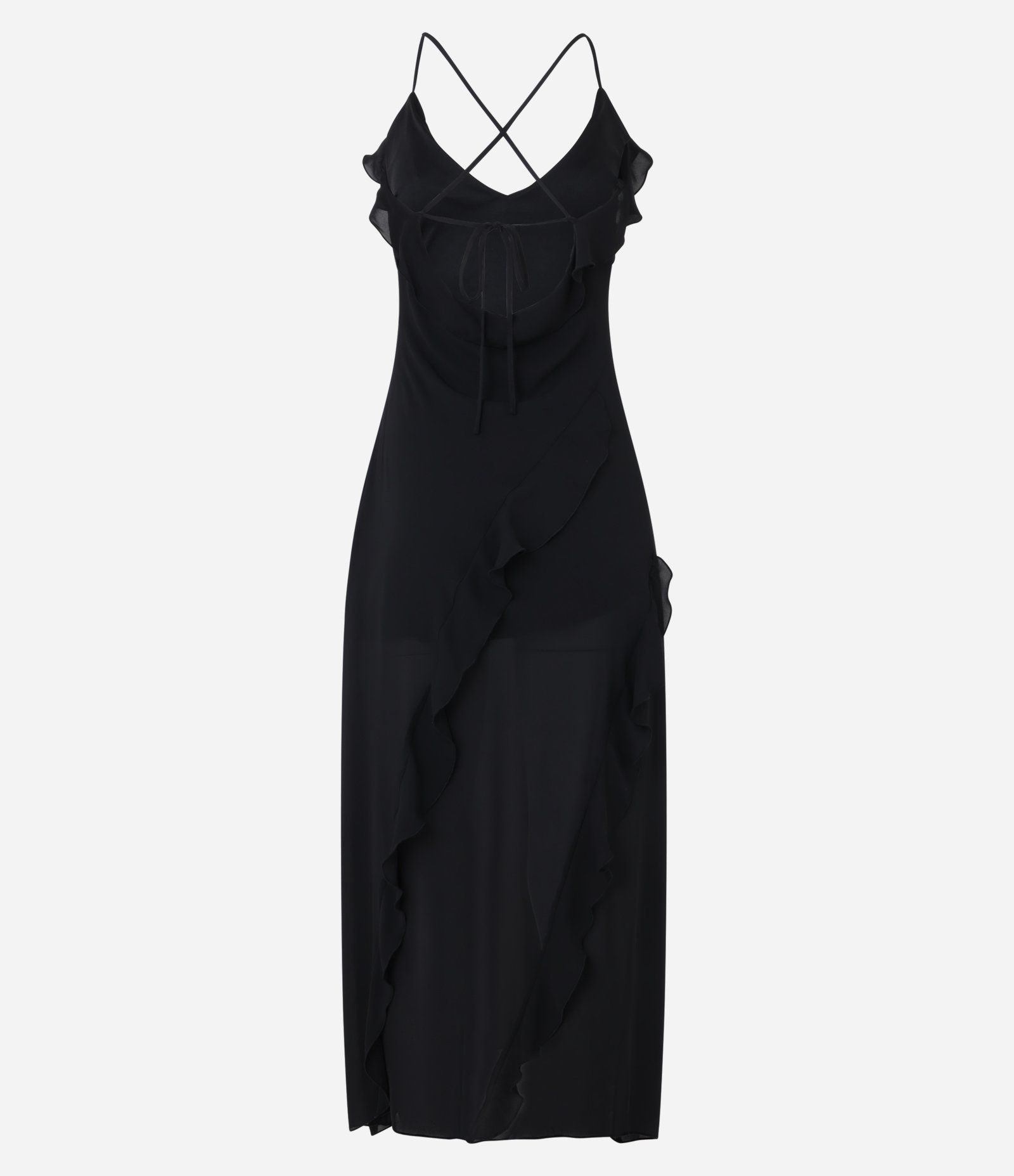 Vestido New Midi em Chiffon com Alças Cruzadas e Babados Preto 8