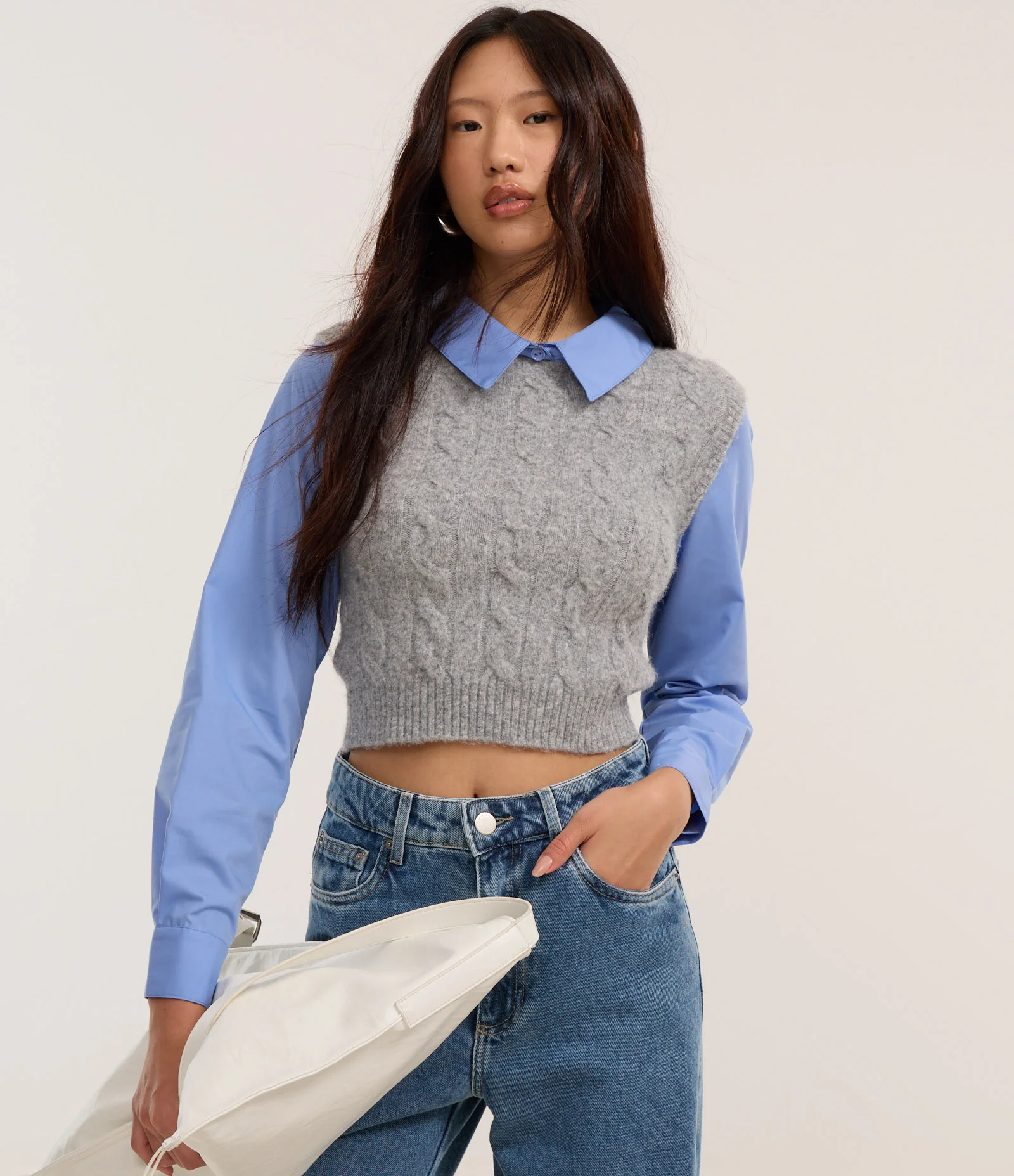 Camisa com Colete em Tricô com Textura Cinza/Azul 2