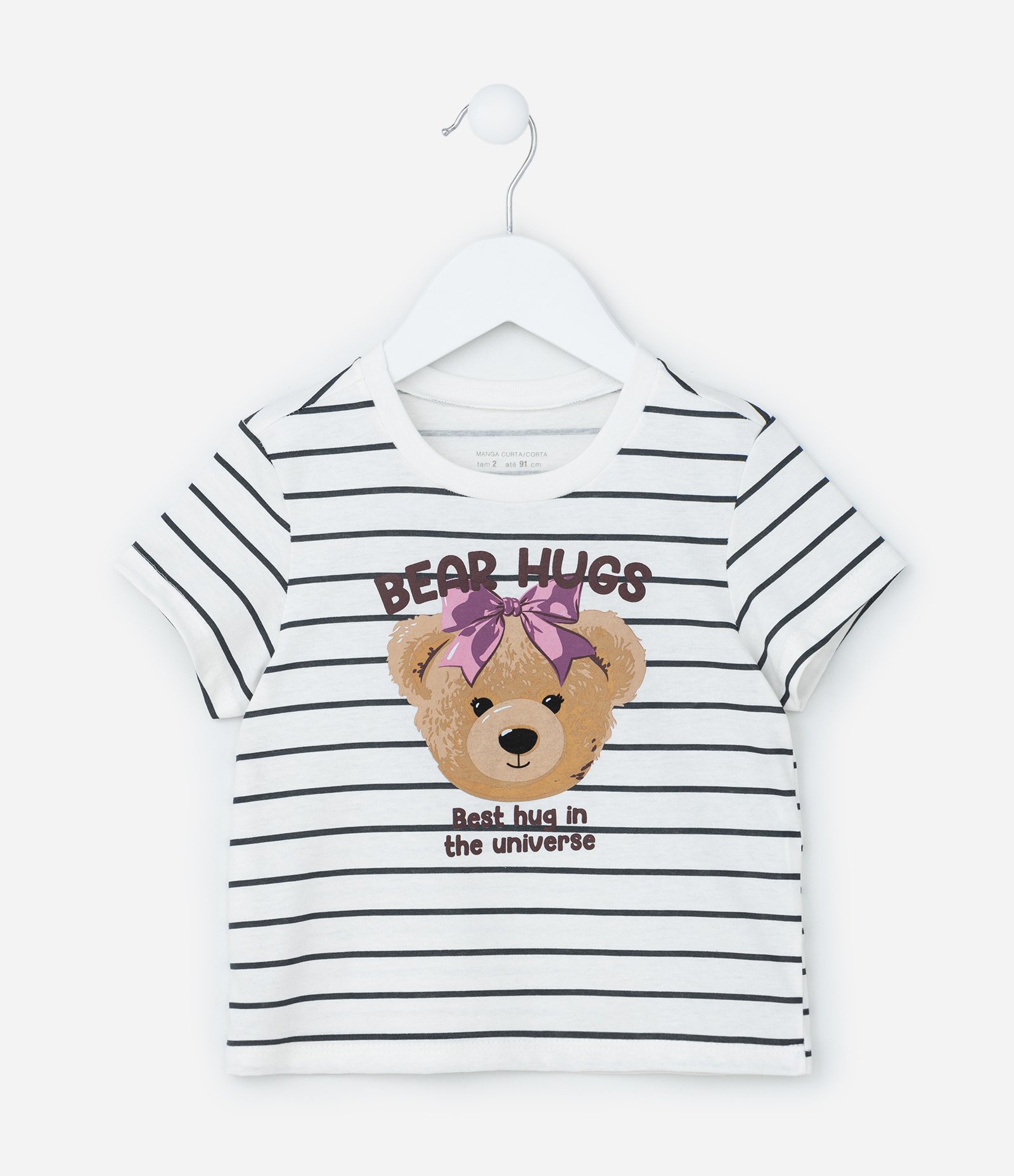 Blusa Infantil com Estampa Ursa e Listras - Tam 1 a 6 Anos Branco 1