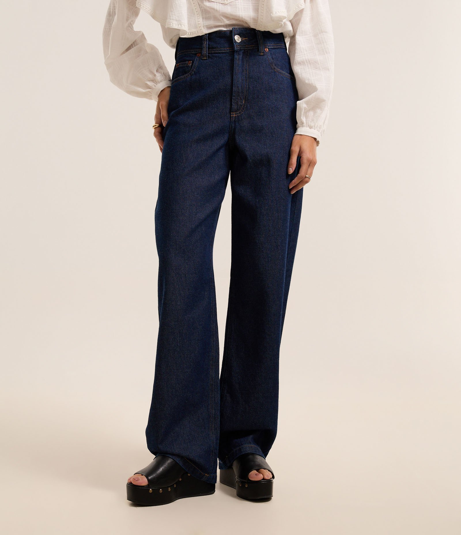 Calça Baggy em Jeans com Cintura Alta Azul Escuro 3