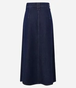 Saia Evasê Midi em Jeans com Fenda e Bolsos Frontais