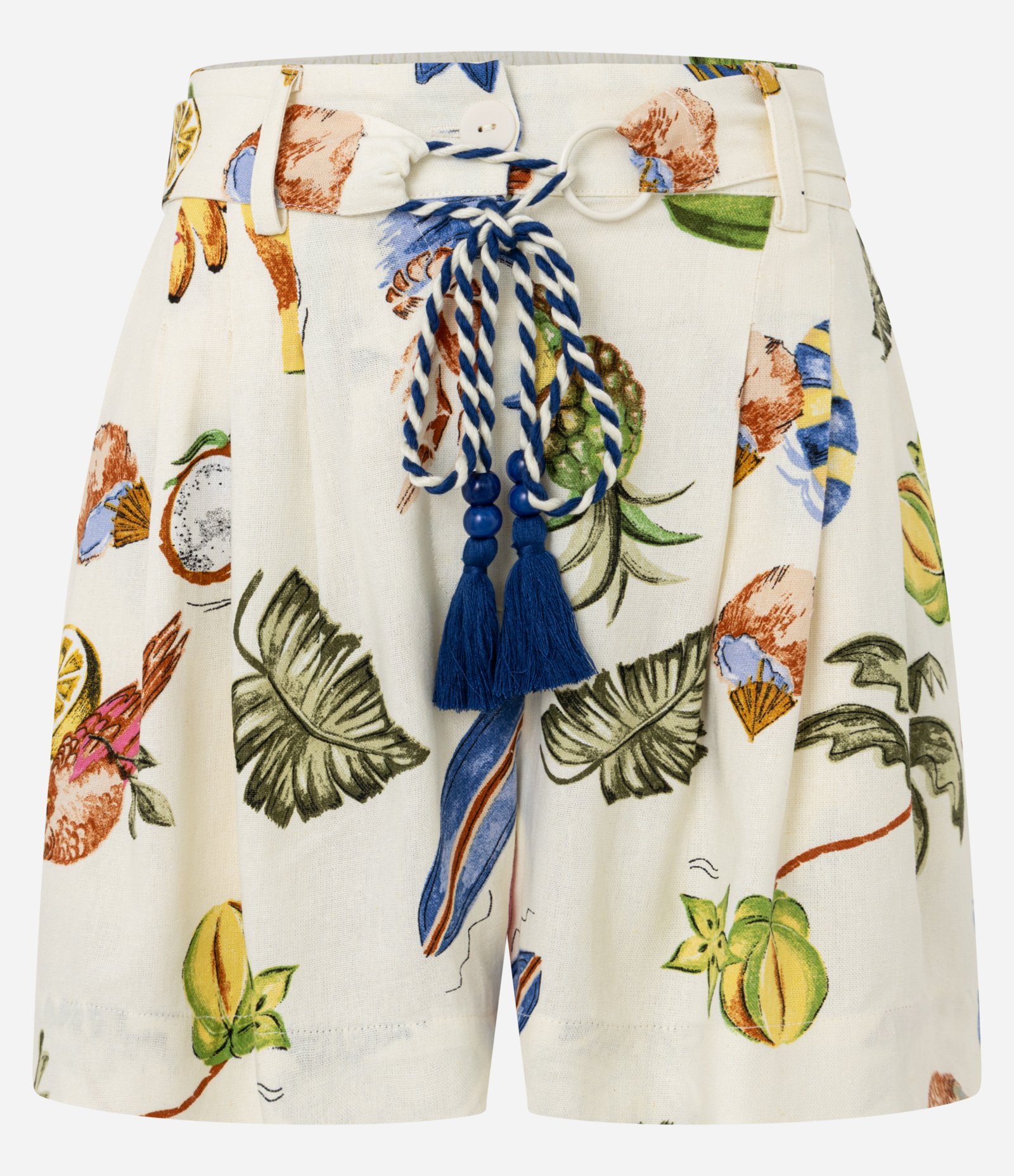 Short Curto em Viscolinho com Estampa de Frutas e Cinto Diferenciado Bege 6