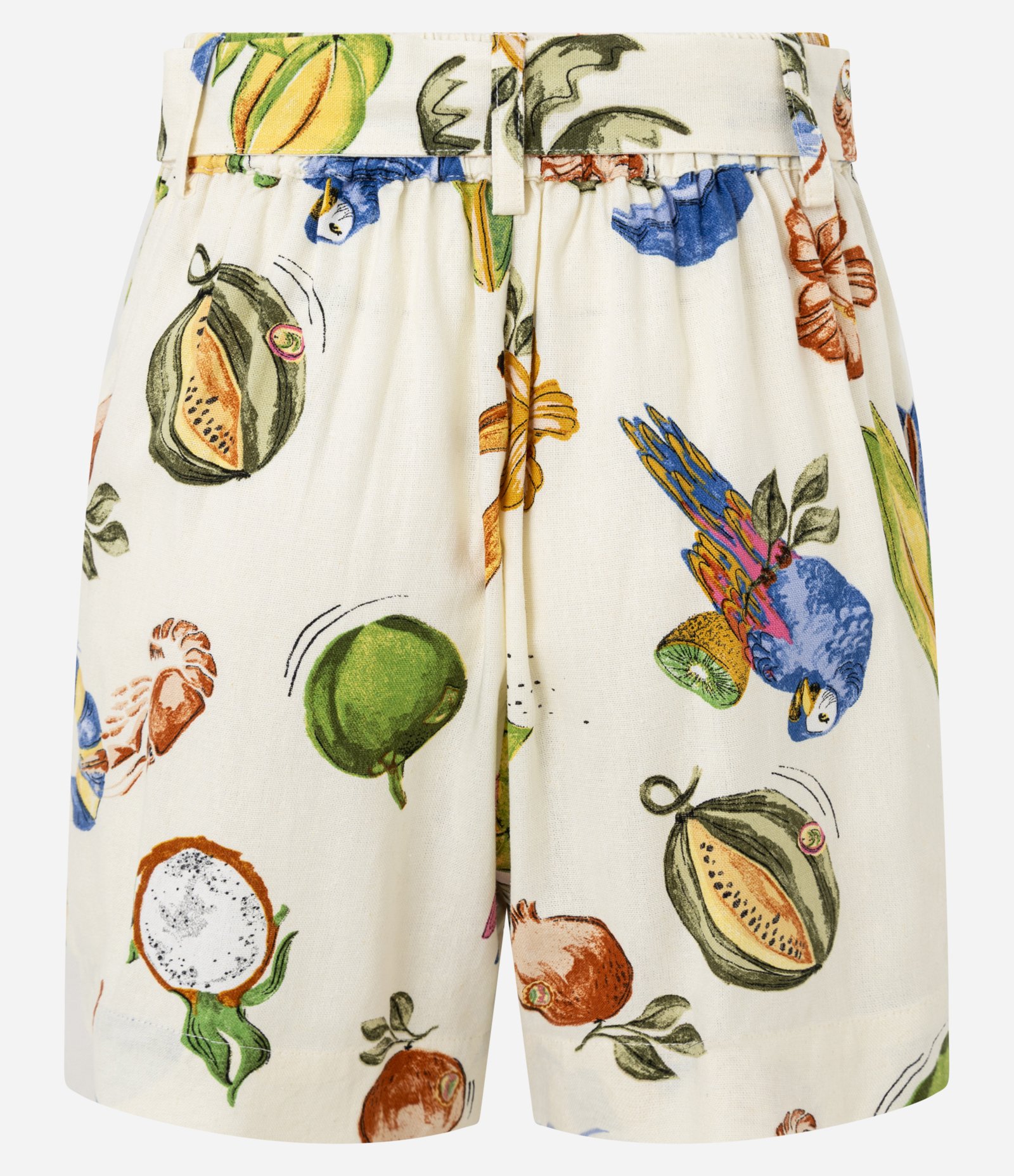 Short Curto em Viscolinho com Estampa de Frutas e Cinto Diferenciado Bege 7