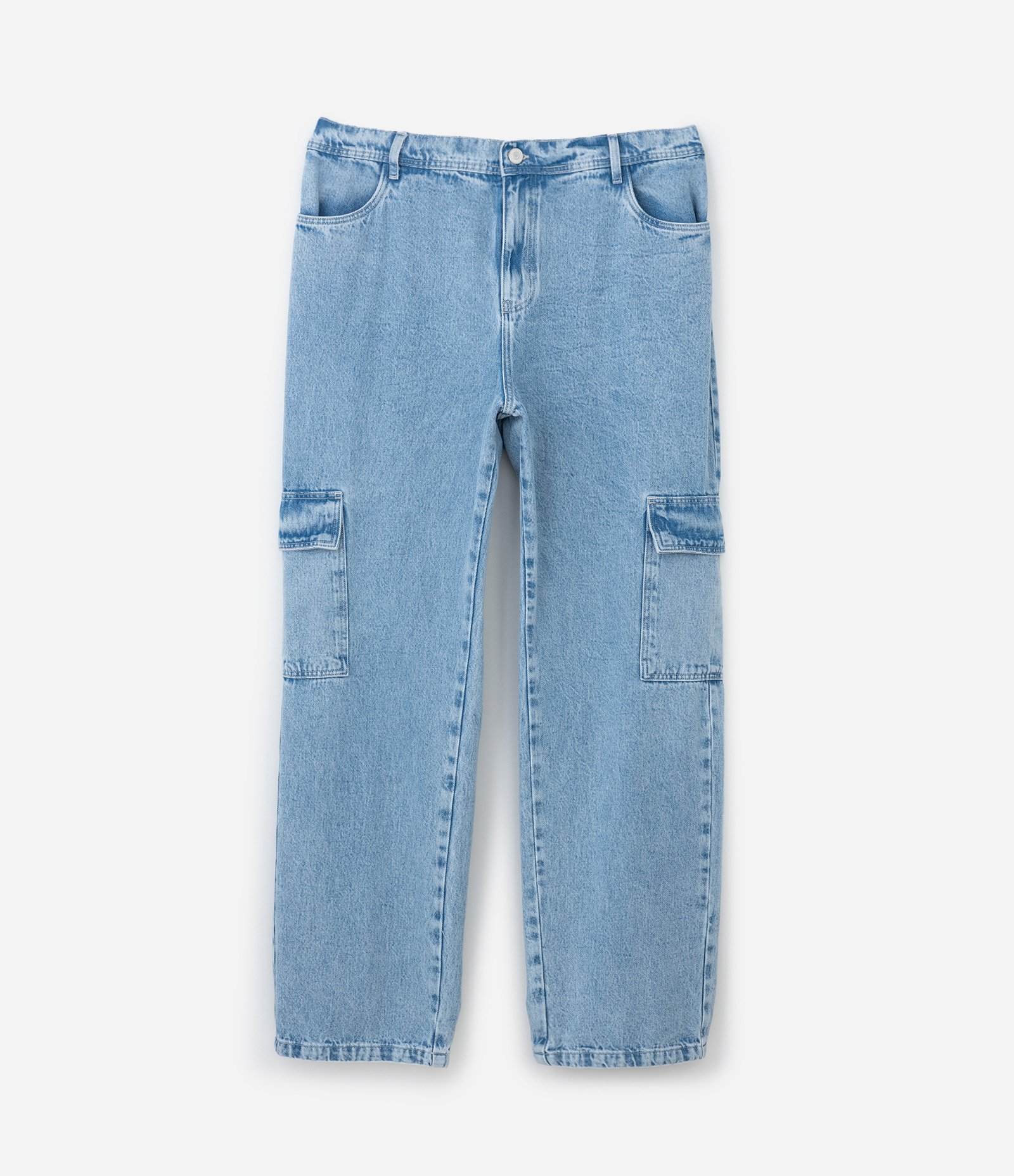 Calça Reta Jeans Marmorizado e Bolso Cargo Curve & Plus Size Azul 6