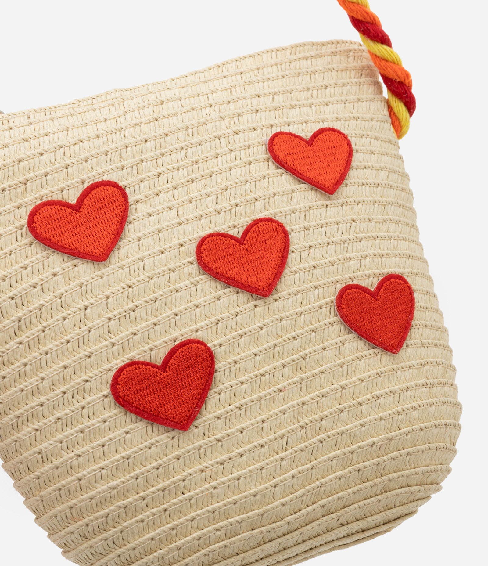 Bolsa Infantil em Palha com Bordado de Corações - Tam Único Bege/Vermelho 4