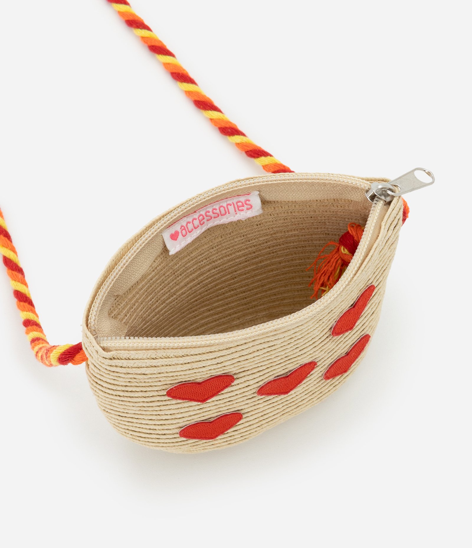 Bolsa Infantil em Palha com Bordado de Corações - Tam Único Bege/Vermelho 5