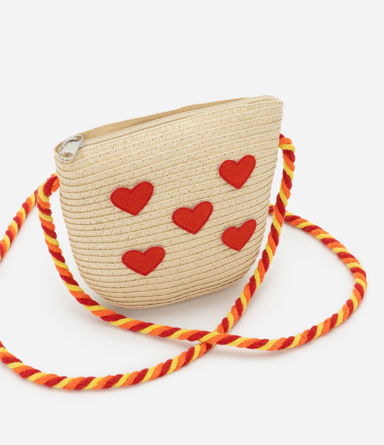 Bolsa Infantil em Palha com Bordado de Corações - Tam Único Bege/Vermelho 6